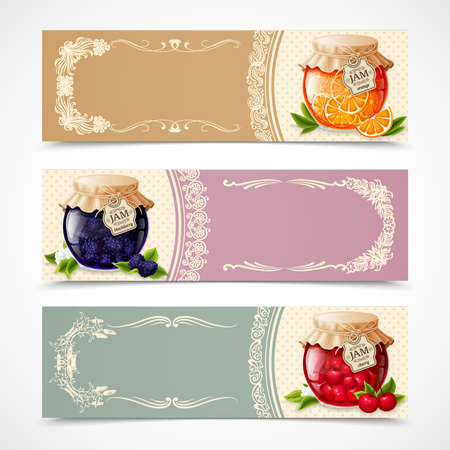 Natural organic orange blackberry and cherry jam in glass jar horizontal banners set isolated vector illustrationのイラスト素材