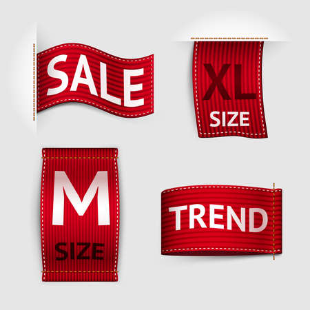 Clothing size trend sale red label ribbon set isolated vector illustrationのイラスト素材