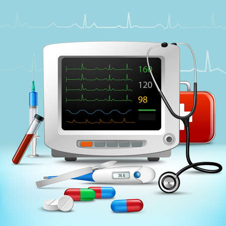 Realistic medical emergency services accessory set with heartbeat monitor and ambulance elements vector illustrationのイラスト素材