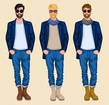 Hipster character male avatar persons set of blond dark brown hair men isolated vector illustrationのイラスト素材