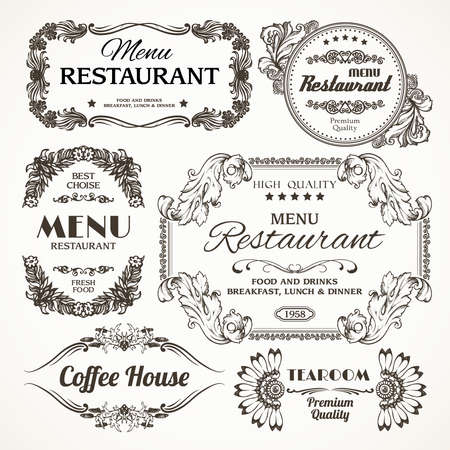 Elegant floral calligraphy retro style decoration restaurant menu labels set isolated vector illustrationのイラスト素材