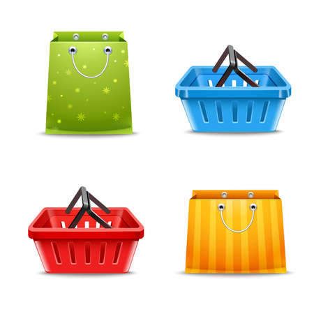 Shopping baskets and paper gift bags decorative set isolated vector illustrationのイラスト素材