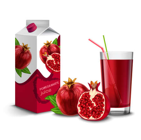 Realistic pomegranate juice glass with cocktail straw and paper pack isolated on white background vector illustrationのイラスト素材
