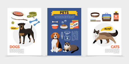 Flat colorful pet shop brochures with cat carrier dog toys animal food balls bones branch bowls comb shampoo collar leash vector illustrationのイラスト素材