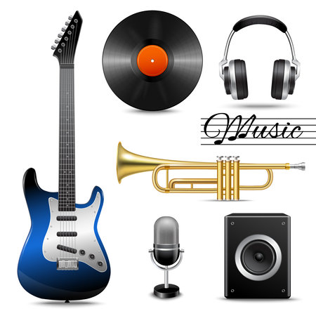 Realistic music entertainment performance equipment set of earphones microphone vinyl disk isolated vector illustrationのイラスト素材