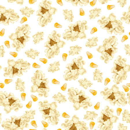 Realistic white popcorn with yellow corn seeds fast food seamless pattern vector illustrationのイラスト素材