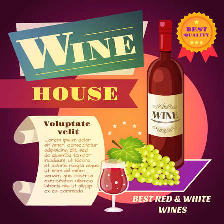 Wine house restaurant vintage poster with bottle and grape bunch vector illustrationのイラスト素材