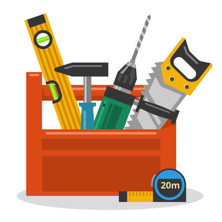 Drill, hammer, saw, and level in the tool box. Vector illustrationのイラスト素材