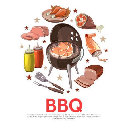 Colorful barbecue party round concept with bbq grill fork shovel pork beef meat slices chicken legs mustard ketchup isolated vector illustrationのイラスト素材