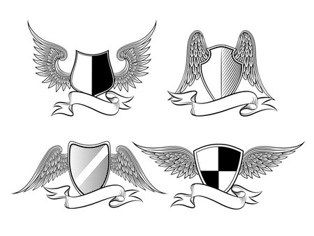 Heraldic shield with wings and ribbons for a logo, emblem, symbol or tattoo. Vector illustrationのイラスト素材