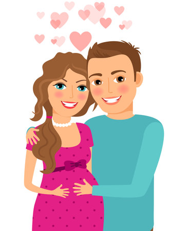 Couple in love. Pregnant woman with her husband. Married and smile, relationship and romantic. Vector illustrationのイラスト素材