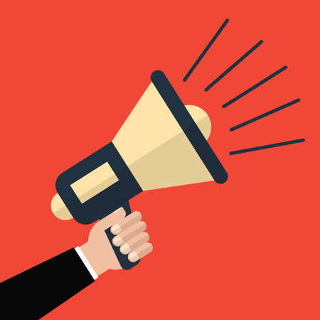 Hand holding a megaphone on a red background. Vector illustration a flat styleのイラスト素材