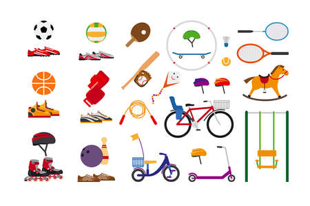 Childrens sports equipment for fun and leisure. Ball and kite flying, skate and bowling, jump rope and badminton, scooter and swing, rollers and bike, tennis table and volleyballのイラスト素材