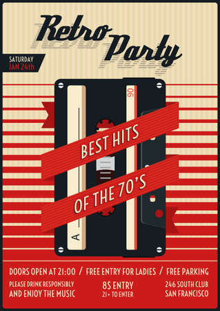 Retro party poster. Vintage and nostalgia, stylish nightlife. Vector illustrationのイラスト素材