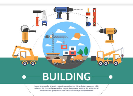 Flat building industry concept with excavator crane grinder hammer saw screwdriver level paintbrush roulette drill vector illustrationのイラスト素材
