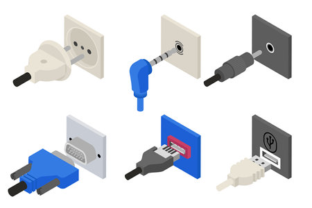 Plugs icons, isometric 3d vector. Power and electric, usb socket, connection cable, connect wire, connector vga. Vector illustrationのイラスト素材