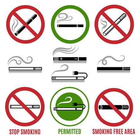 Sign of cigarette and no smoking sign. Addiction and tobacco prohibition, vector illustrationのイラスト素材