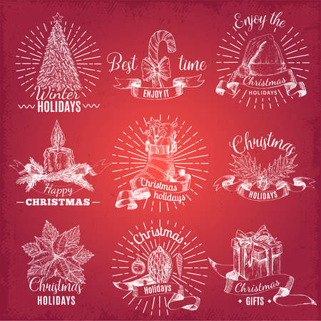 Christmas hand drawn isolated emblems with holiday decorations and design elements on illuminated black background vector illustrationのイラスト素材