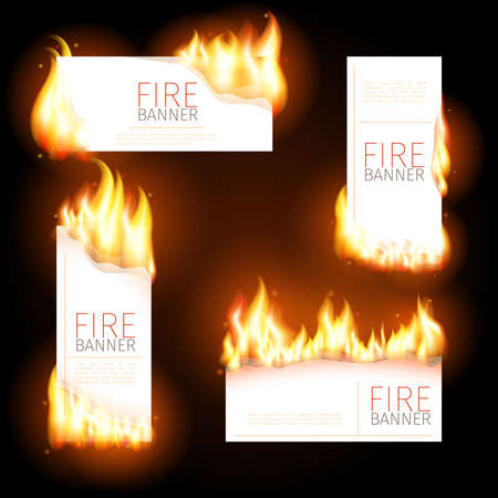 Set of advertisement banners with spurts of flame. Heat and burn, blaze and energy. Vector illustrationのイラスト素材