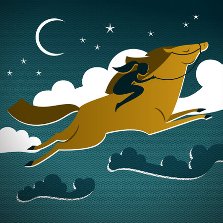Wild brown horse composition with moon and starry sky with horse in the foreground vector illustrationのイラスト素材