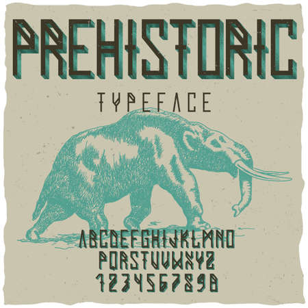 Prehistoric runes typeface poster with hand drawn mastodon on dusty background vector illustrationのイラスト素材
