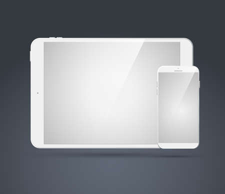 Modern technologic devices set with blank realistic white smartphone and tablet on gray background isolated vector illustrationのイラスト素材