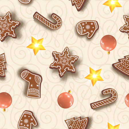 Christmas and New Year seamless pattern with colorful balls snowflakes mittens candies socks and bright stars vector illustrationのイラスト素材