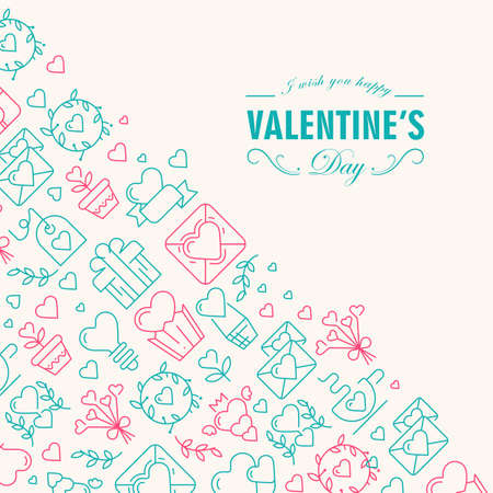 Happy valentines day postcard divided on two parts with text including wishes be happy in the left corner and many icons such as heart, twig, envelope in the front one on the white background vector illustrationのイラスト素材