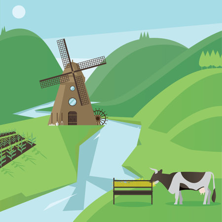 Countryside flat composition with cow and windmill vector illustrationのイラスト素材