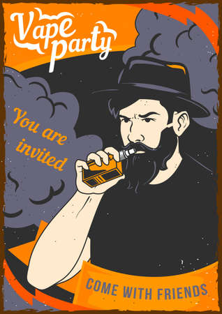 Poster design with illustration of a man holding a vape in his hand and a cloud of steam behind his backのイラスト素材