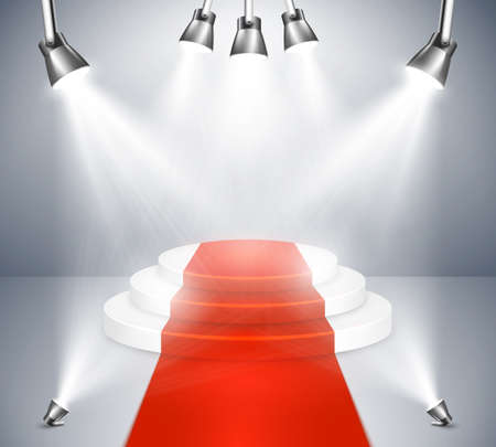 Red carpet stage with spotlights. Podium with red carpet. Spotlight stage and award show illuminated spotlight. Vector illustrationのイラスト素材