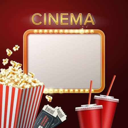 Vector golden illuminated cinema signboard with popcorn, tickets and beverages front view on dark backgroundのイラスト素材
