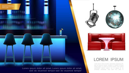 Realistic night party concept with bar counter and chairs spotlight sofa table sparkling disco ball vector illustrationのイラスト素材