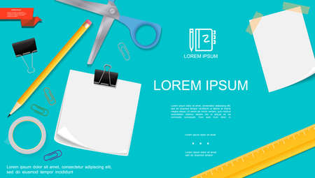 Realistic office stationery template with blank paper notes scissors pencil ruler adhesive tape binder clips on turquoise background vector illustrationのイラスト素材