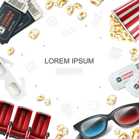 Realistic cinema template with tickets red seats 3d eyeglasses and popcorn in striped bucket box vector illustrationのイラスト素材