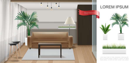 Realistic home interior template with aquarium table chairs on wooden floor lamps plants and grass in flowerpots vector illustrationのイラスト素材