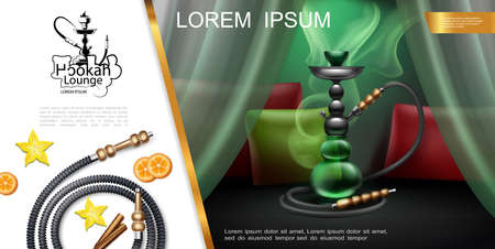 Realistic hookah lounge template with smoke around hookah star anise cinnamon sticks orange slices...