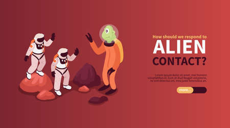 Alien contact isometric horizontal banner with two astronauts friendly saluting alien creature on unknown planet vector illustrationのイラスト素材