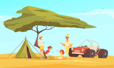 Safari travel adventures flat composition with family in front of tent under baobab tree vector illustrationのイラスト素材