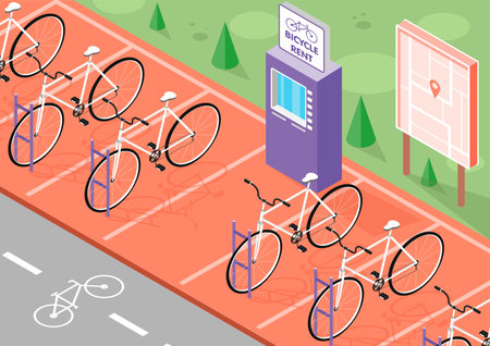 Bicycle rent isometric background with bike parking and map vector illustrationのイラスト素材