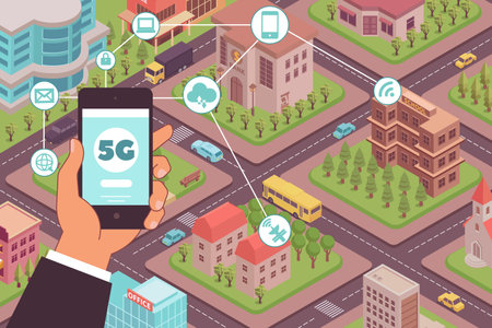 5g internet wireless composition with round icons pictograms hand with smartphone and urban city blocks scenery vector illustrationのイラスト素材