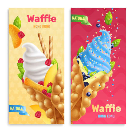 Bubble hong kong waffles realistic banners with editable text and images of confectionery products with fruits vector illustrationのイラスト素材
