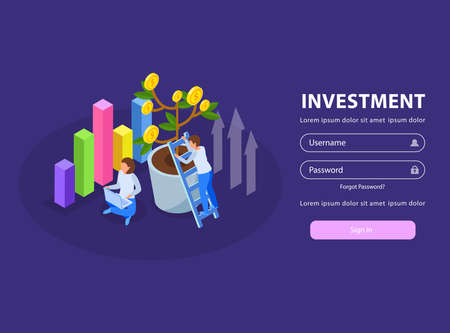Investment isometric web site login page background with images of people money tree and infographic elements vector illustrationのイラスト素材