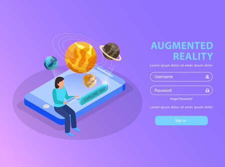 Augmented reality educative site  isometric landing page with woman visualizing solar system using smartphone background vector illustrationのイラスト素材