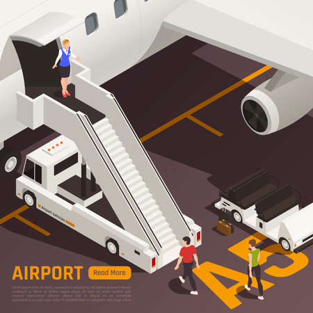 Airport isometric background with composition of aircraft airstairs truck and people with clickable button and text vector illustrationのイラスト素材