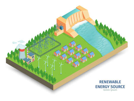 Isometric green energy composition with view of power infrastructure with hydroelectric generating station and wind turbines vector illustrationのイラスト素材