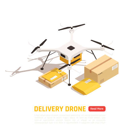 Drones quadrocopters isometric background with images of quad copter with carton boxes and editable text with button vector illustrationのイラスト素材