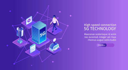 Isometric 5g internet horizontal banner with molecule shaped images of network elements with text...