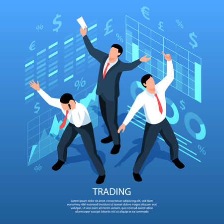 Isometric stock market exchange trading background with composition of holographic signs diagrams and traders human characters vector illustrationのイラスト素材