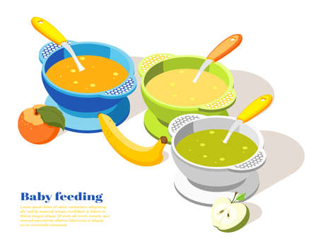 Baby infant toddler child healthy food serving isometric background composition with banana apple puree bowls vector illustrationのイラスト素材